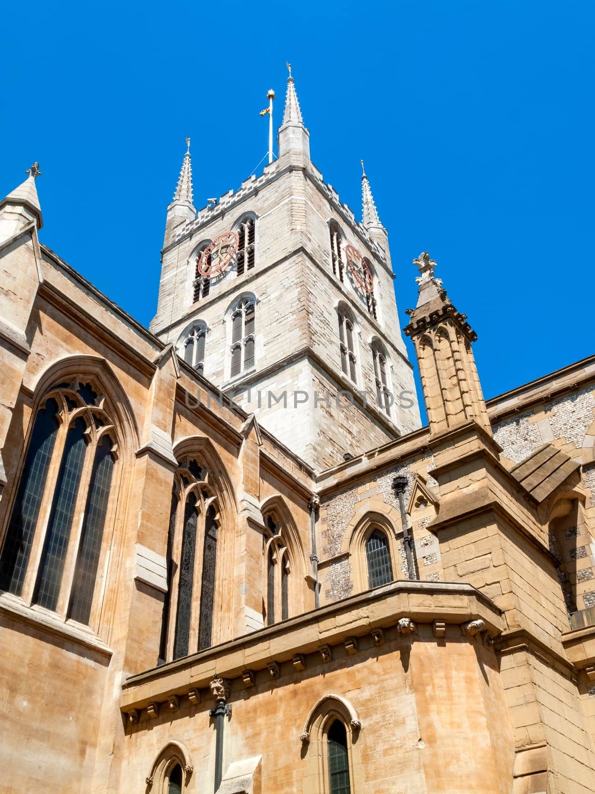 Southwark Cathedral at London Bridge London England UK built around 666AD rebuilt in a Norman Gothic style in 1206AD and is a popular travel destination tourist attraction landmark, stock photo image