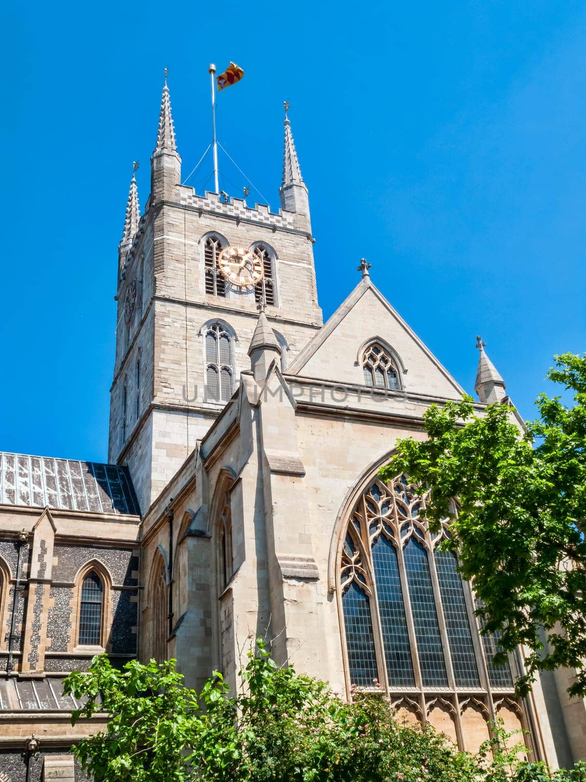 Southwark Cathedral at London Bridge London England UK built around 666AD rebuilt in a Norman Gothic style in 1206AD and is a popular travel destination tourist attraction landmark, stock photo image