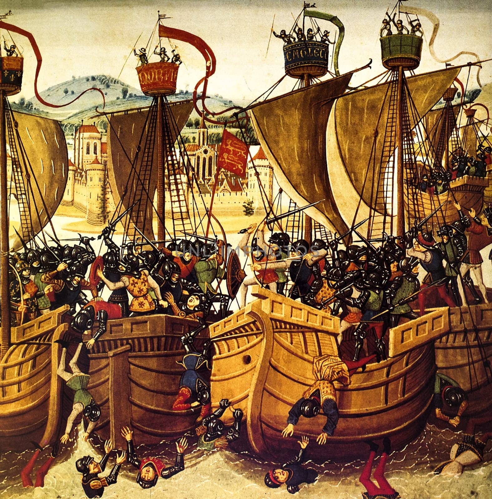 Battle of Sluys, 1340. French Fleet. Hundred Years War. 15th century illustration from Jean Froissart Chronicles