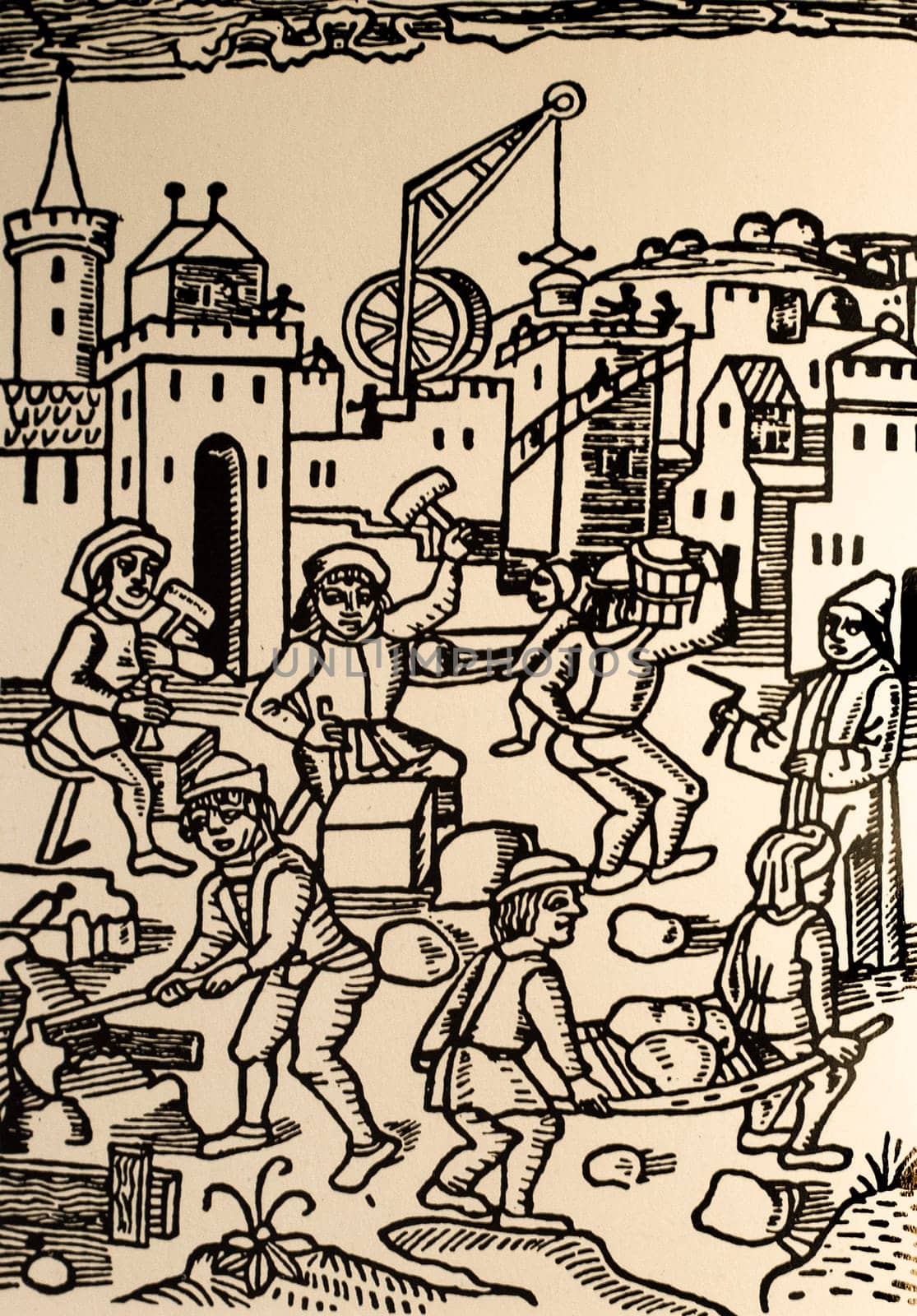 Construction of the Cologne Cathedral. Woodcut of Adam Woensam, 1531. Stonemasons, masons, excavators, architect, squad and crane