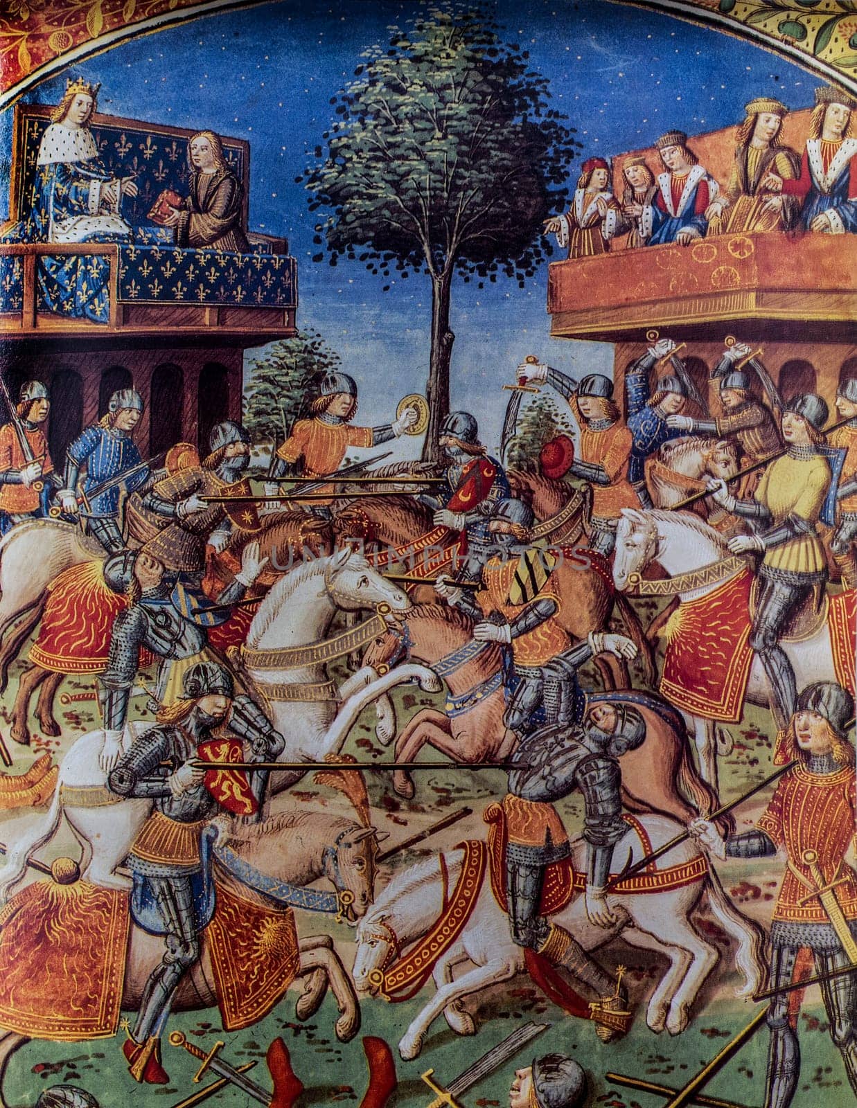 Charles VIII of France attends to tournament. 15th Century miniature of Chivalry Poem. Unknown artist
