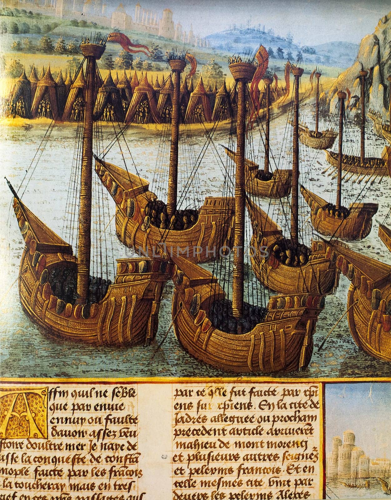Battle of Sluys, 1340. French Fleet. Hundred Years War. 15th century illustration from Jean Froissart Chronicles