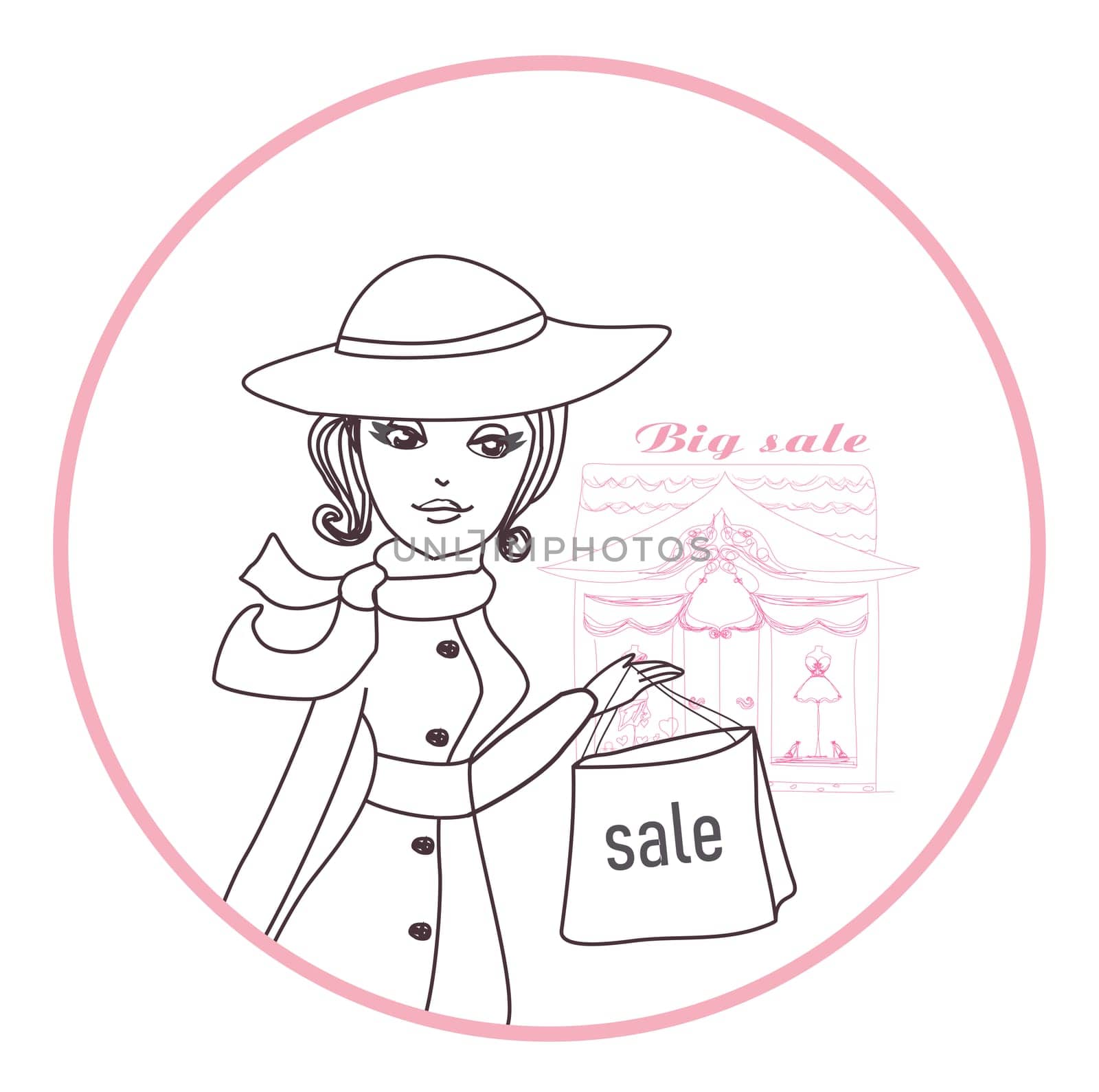 Stylish girl shopping , doodle illustration