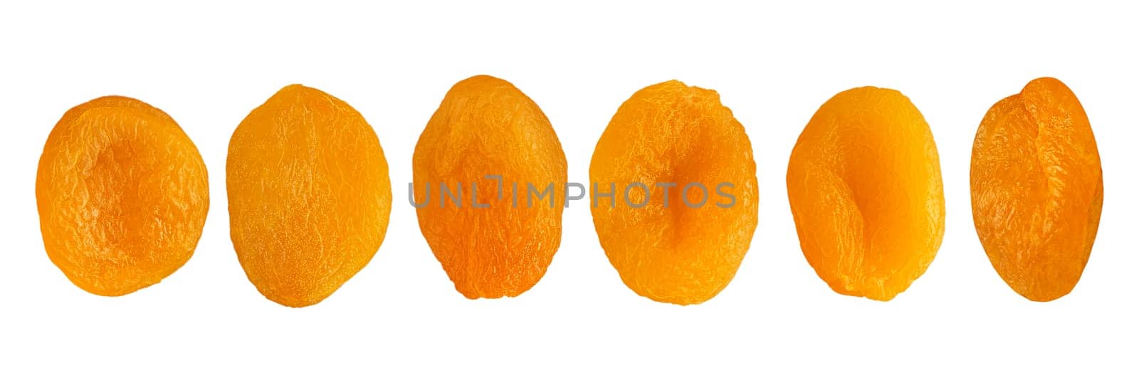 Collection of fruit segments. Different whole dried apricots isolated on white background with clipping path as package design element and advertising. Full depth of field.