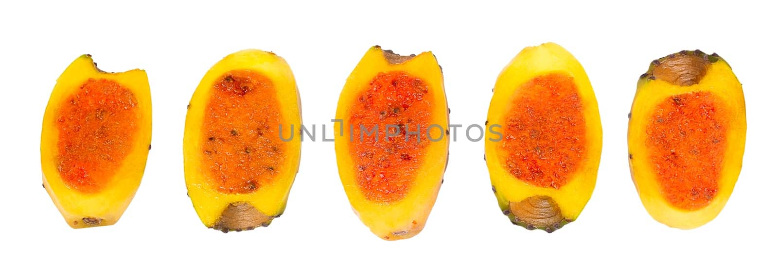 Collection of fruit segments. Different cut in half prickly pears cactus isolated on white background with clipping path as package design element and advertising. Full depth of field.