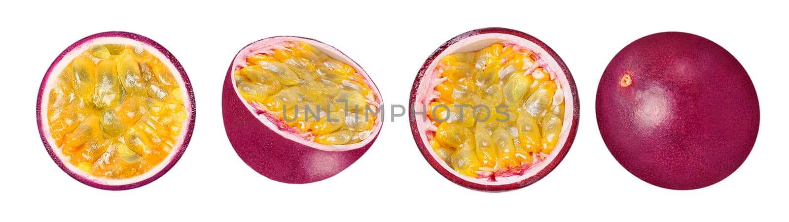 Collection of fruit segments. Different whole and cut in half passion fruits isolated on white background with clipping path as package design element and advertising. Full depth of field.
