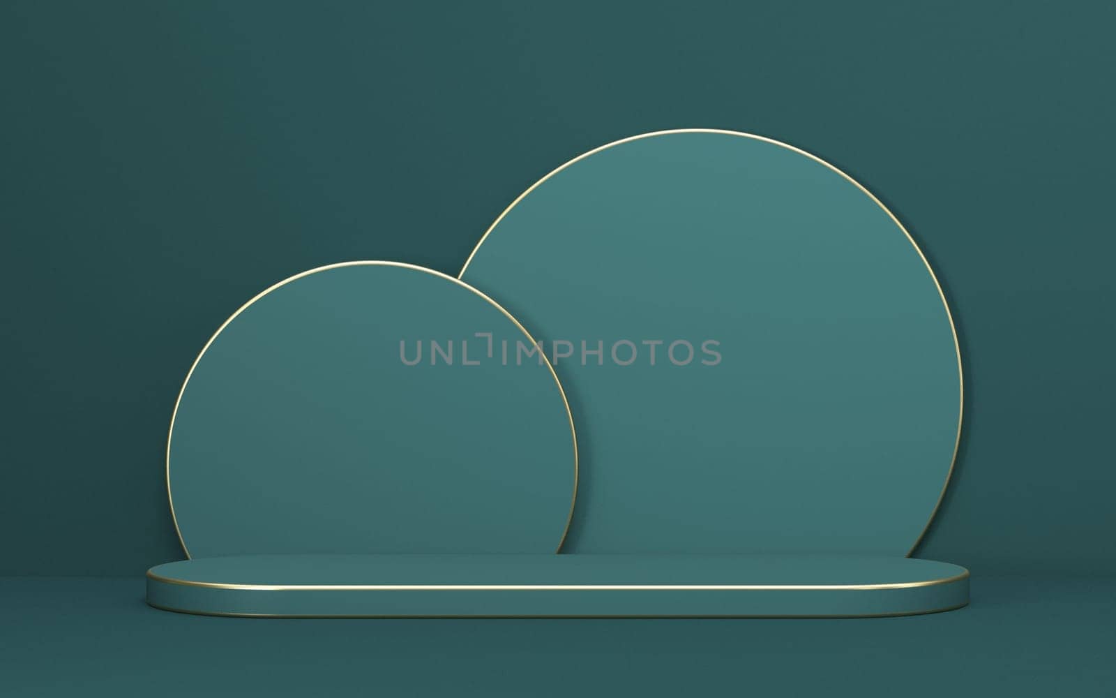 Mock up podium for product presentation two light green circles 3D render illustration on dark green background