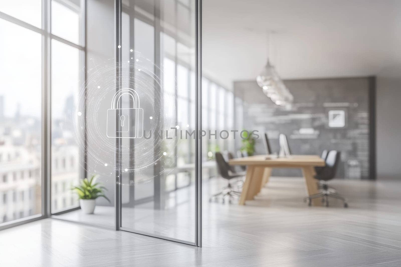 A modern office space featuring a high-tech security lock symbol. Bright glass walls and stylish furniture create a contemporary work atmosphere.