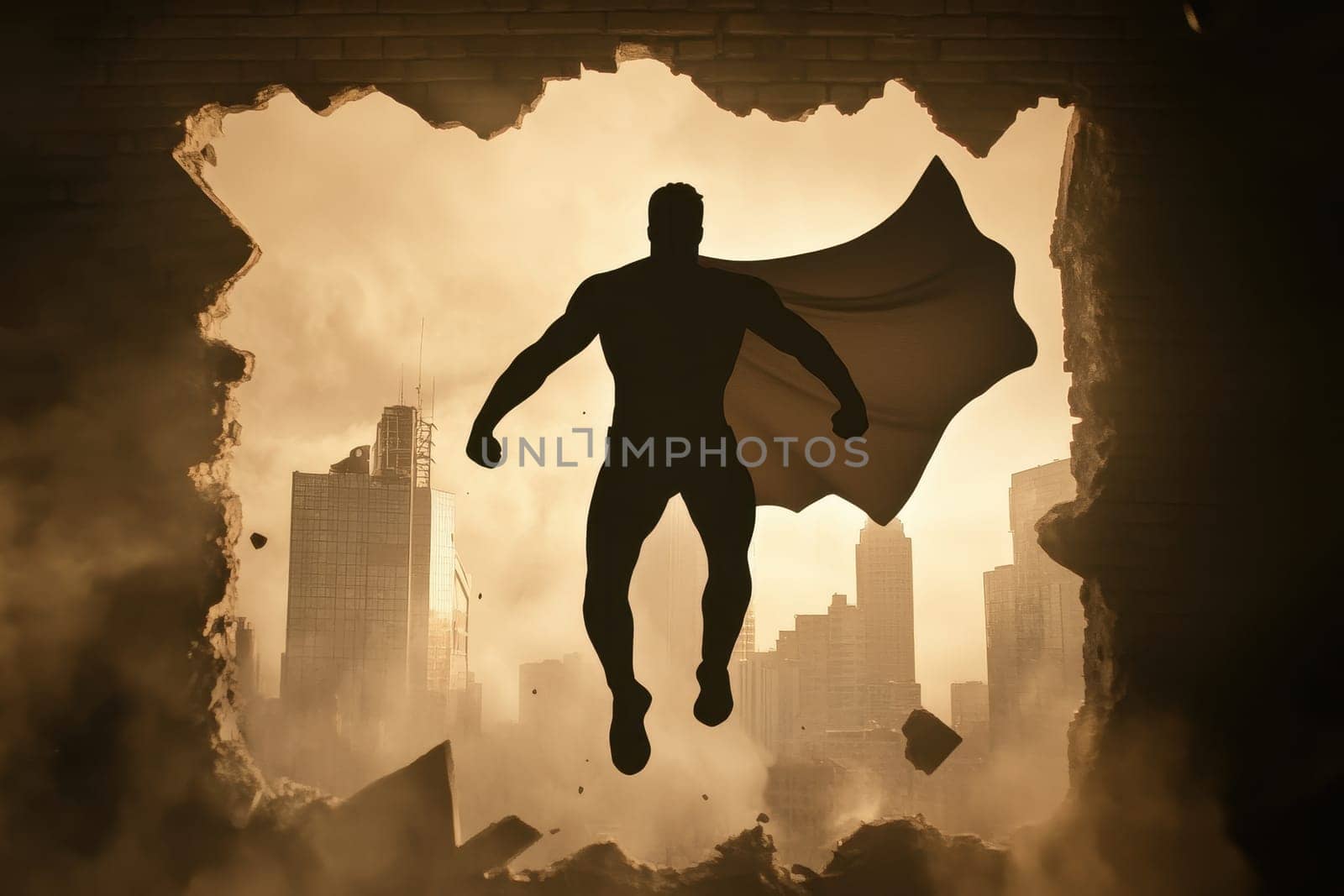A striking silhouette of a hero flying through a shattered wall against a vibrant sunset. This image captures the essence of adventure and power in urban exploration.