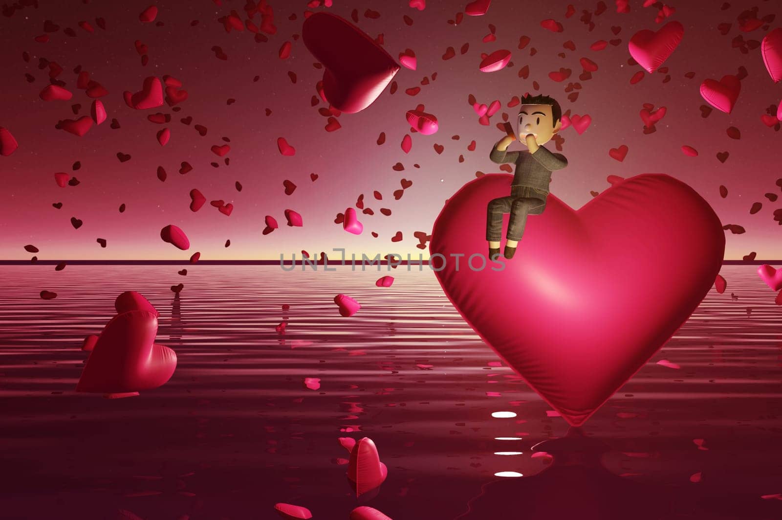 3d rendering . Valentine background with hearts falling and alone man sitting on heart sending love message