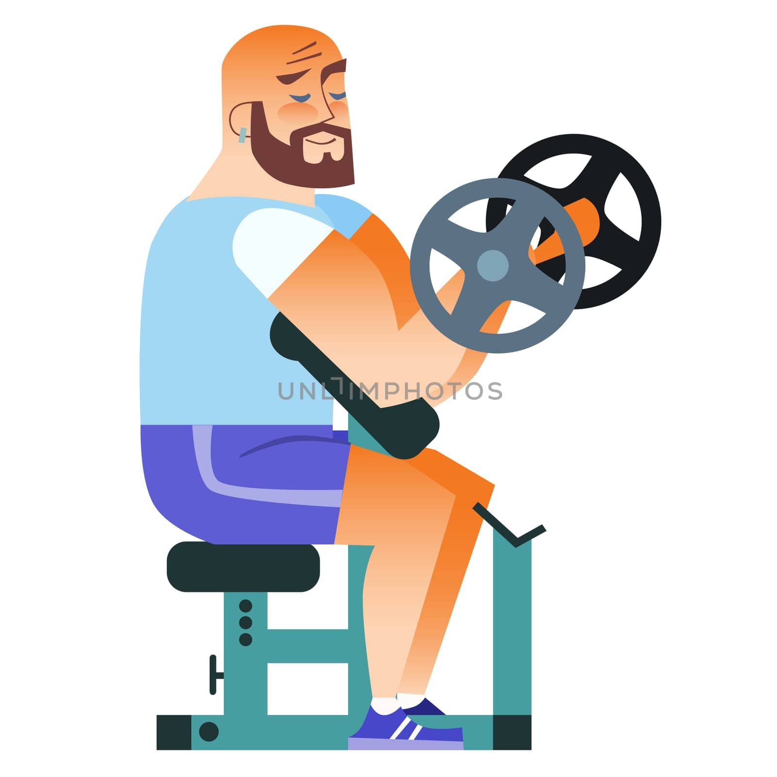 In the gym mustached man plays sports. Holding a dumbbell. Weightlifting, fitness, health