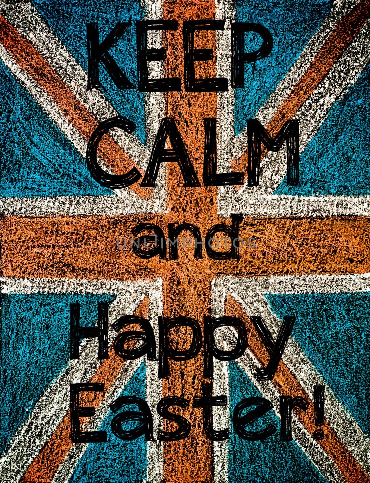 United Kingdom (British Union jack) flag, hand drawing with chalk on blackboard, vintage concept.Keep Calm and Happy Easter message