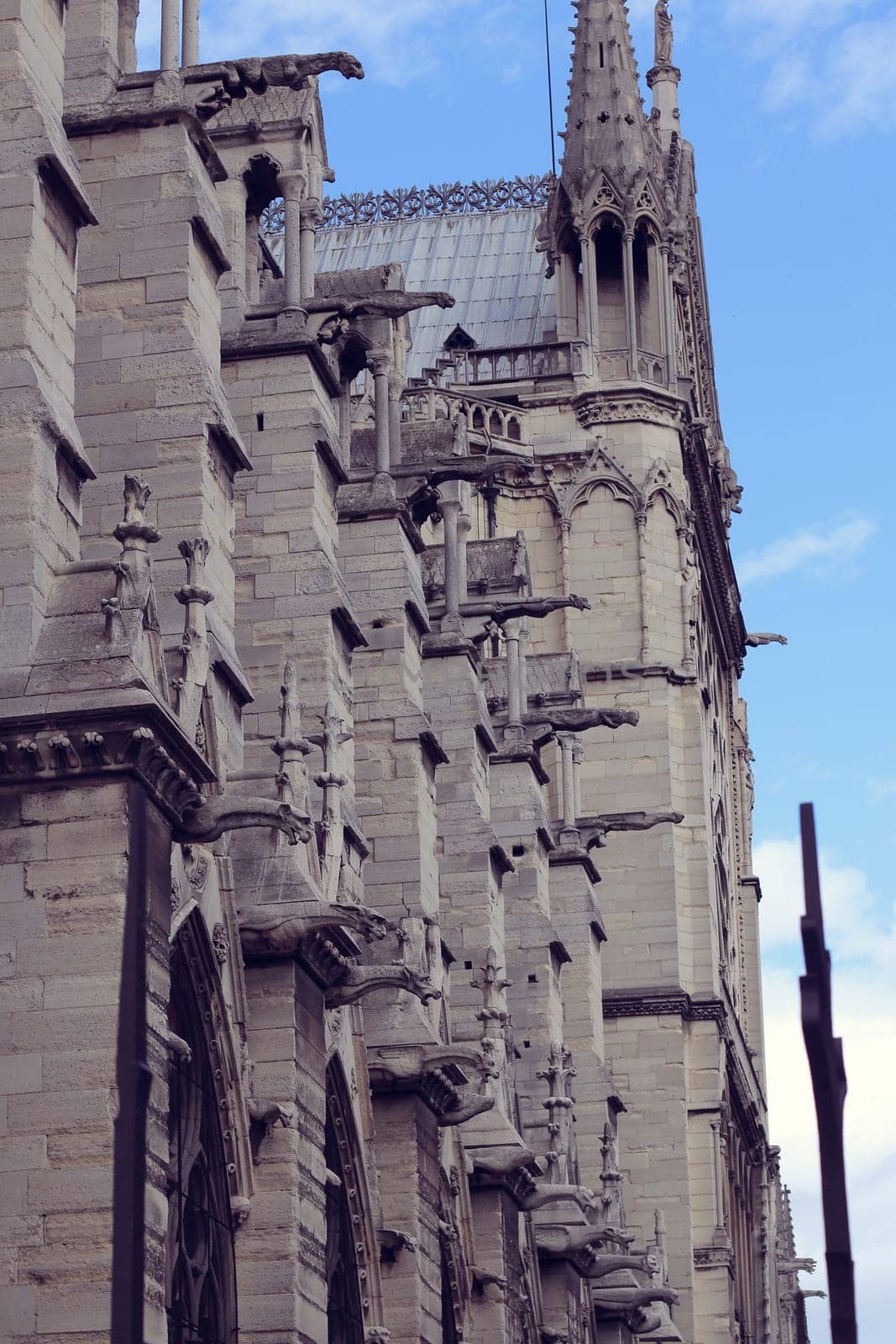 Architectural details of Cathedral Notre Dame de Paris. Cathedral Notre Dame de Paris - most famous Gothic, Roman Catholic cathedral on the eastern half of the Cite Island. France, Europe.