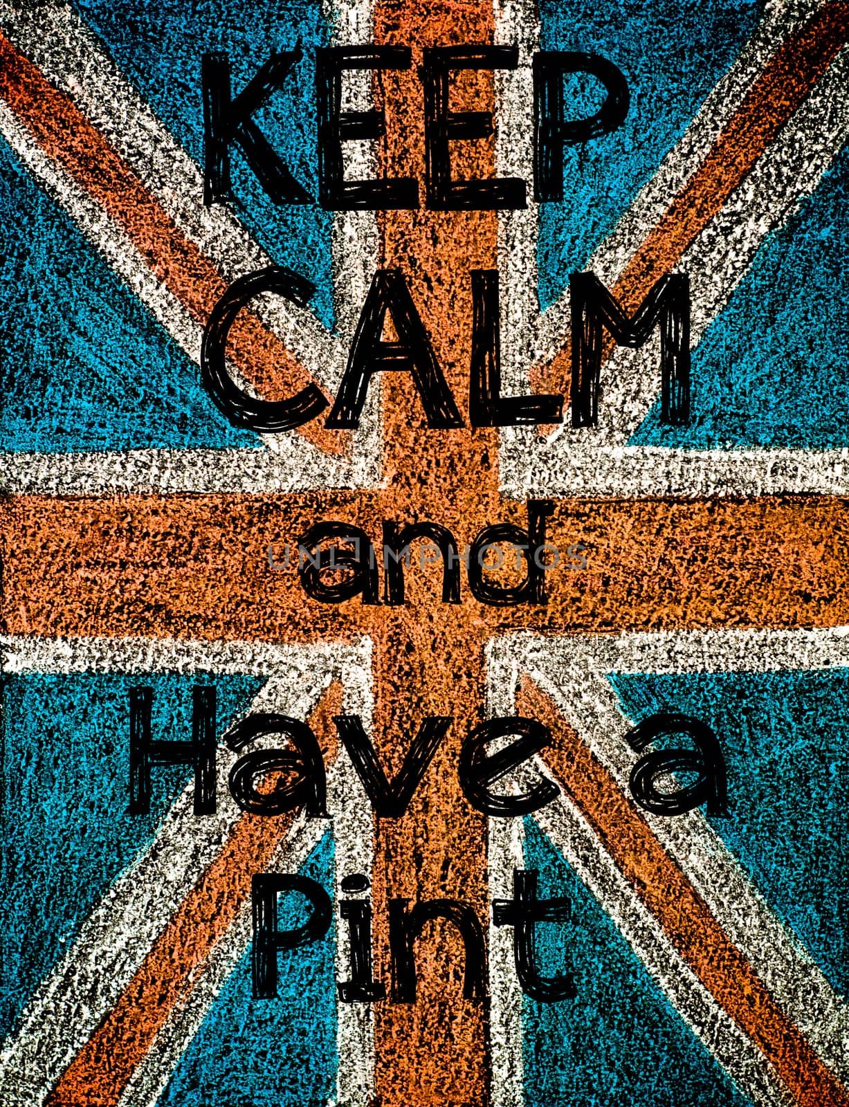 United Kingdom (British Union jack) flag, hand drawing with chalk on blackboard, vintage concept.Keep Calm and Have a Pint message