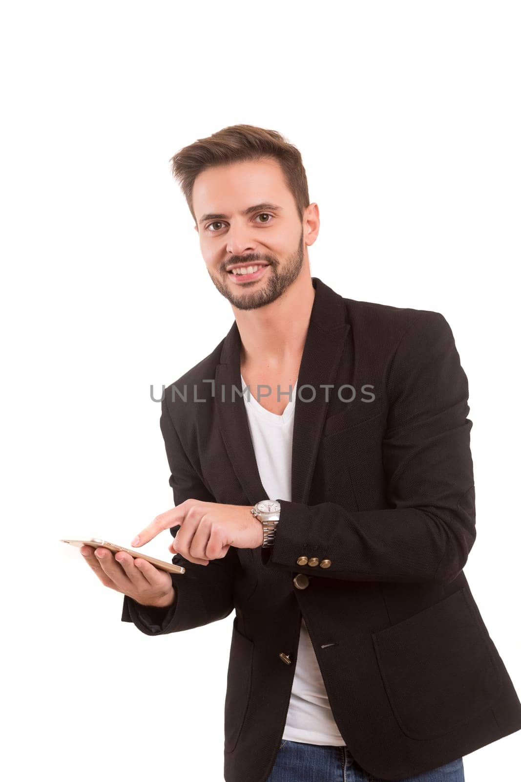 Business man reading a sms, isolated over white