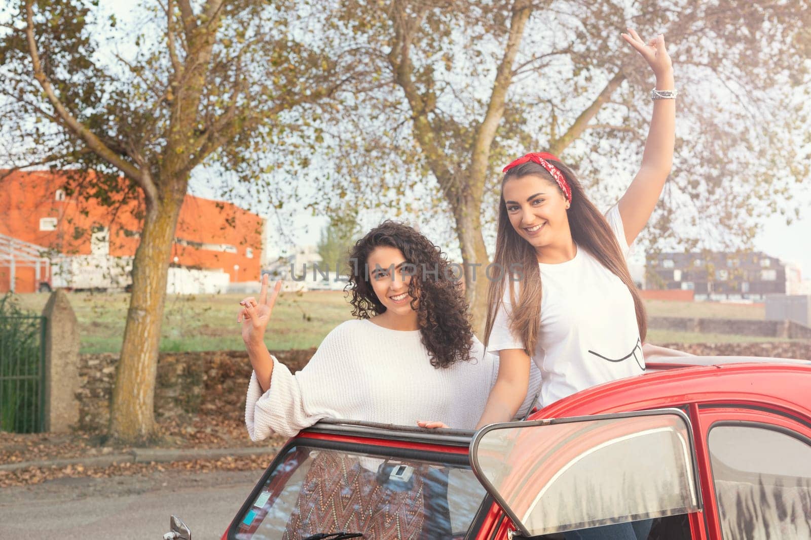 Two friends going on a roadtrip through countryside