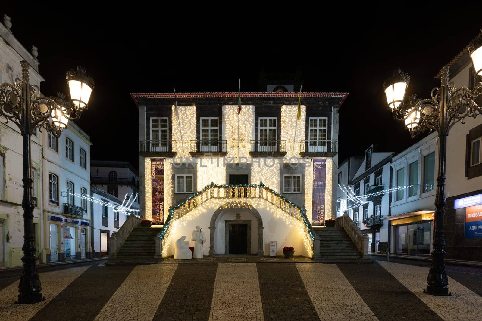 SAO MIGUEL AZORES PORTUGAL on November 25, 2019: Nightscape in Ponta Delgada in Sao Miguel island Azores archipielago Portugal. Fountain detail.