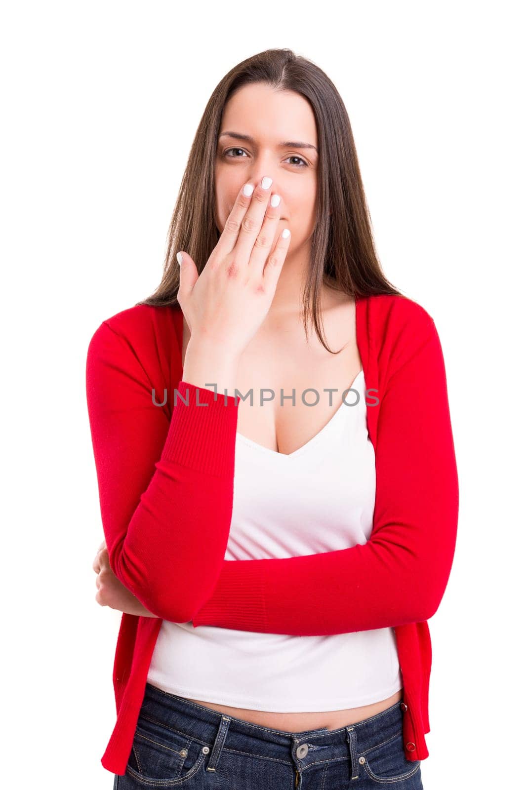 Surprised young woman isolated over white background