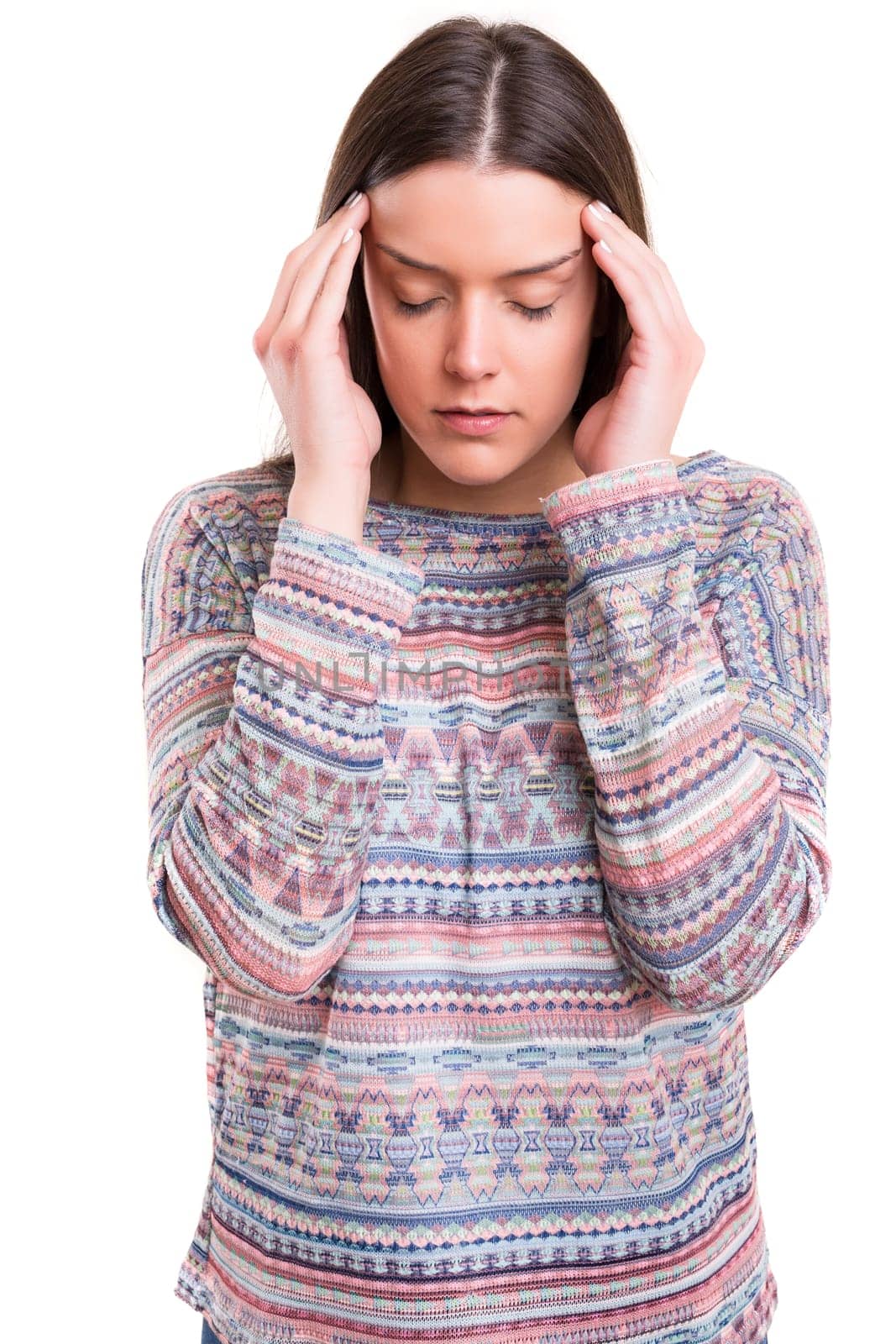 Young woman with a strong headache, isolated over white background
