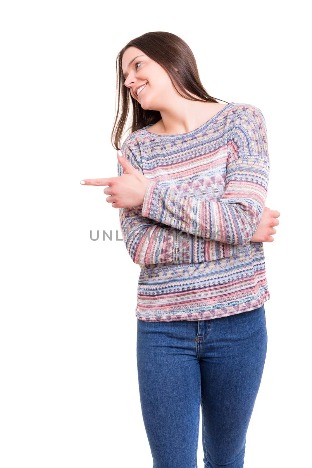 Young beautiful woman presenting your product, isolated over white background