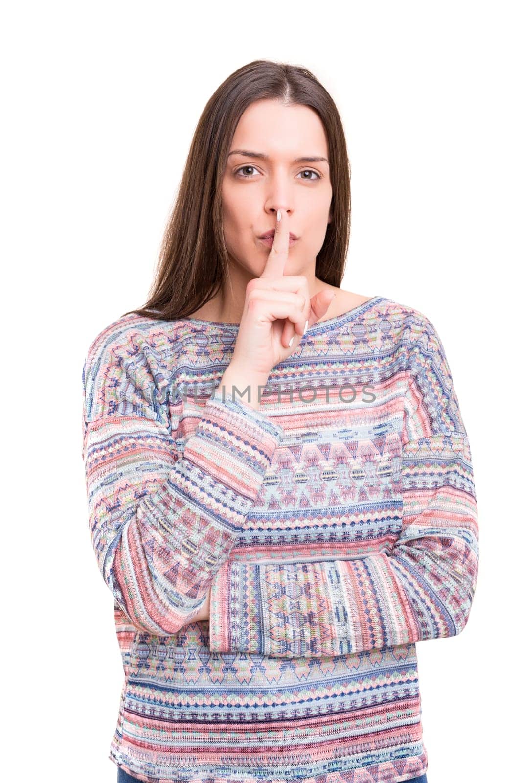 Beautiful young woman asking for silence isolated