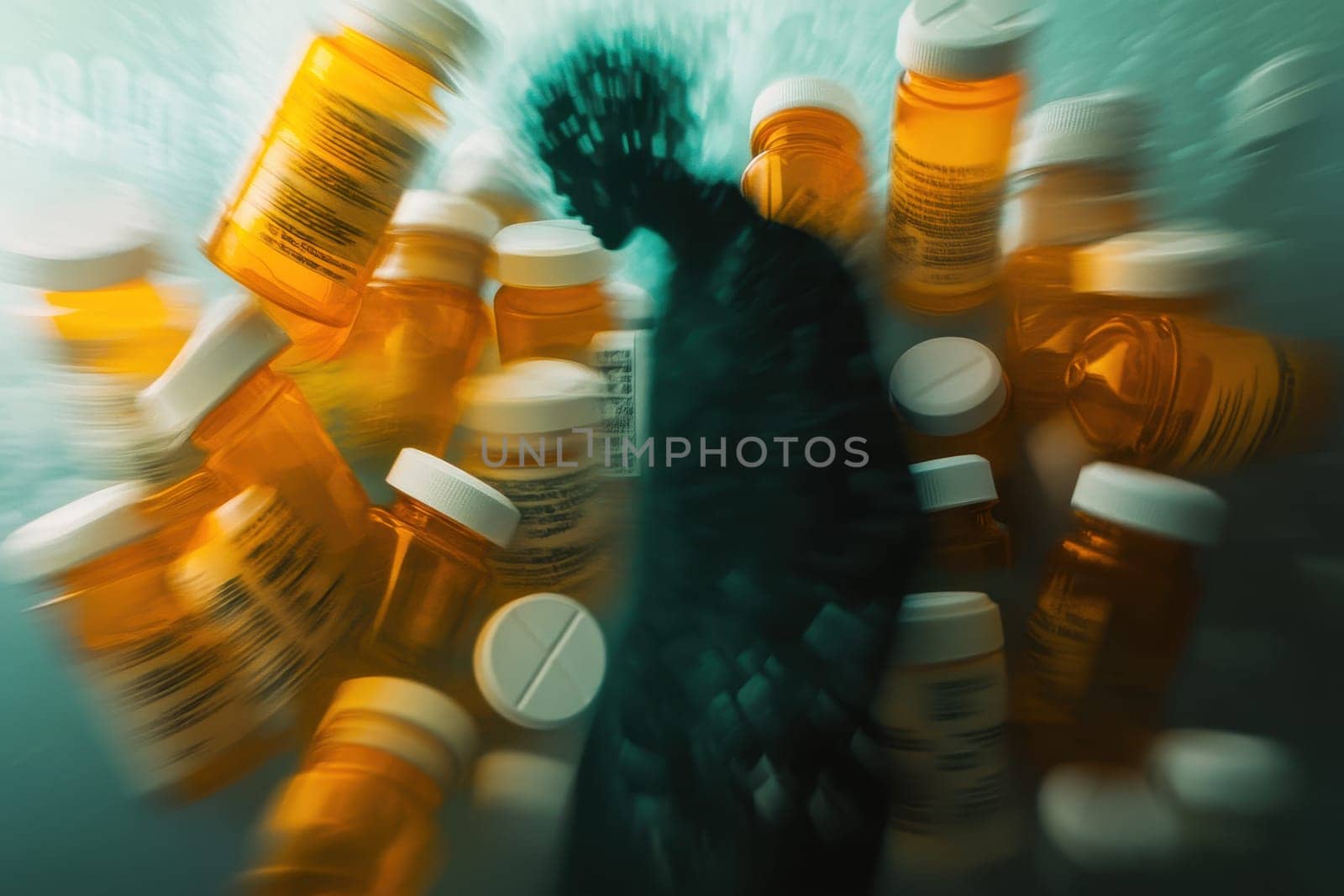 This abstract image symbolizes the struggle with addiction, featuring a blurred silhouette surrounded by prescription bottles, conveying the themes of mental health and dependency.