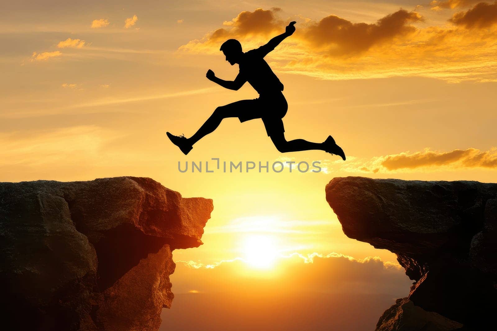 A dramatic silhouette of an athlete leaping across a canyon at sunset. This powerful image captures the essence of adventure, determination, and the thrill of overcoming challenges in nature.