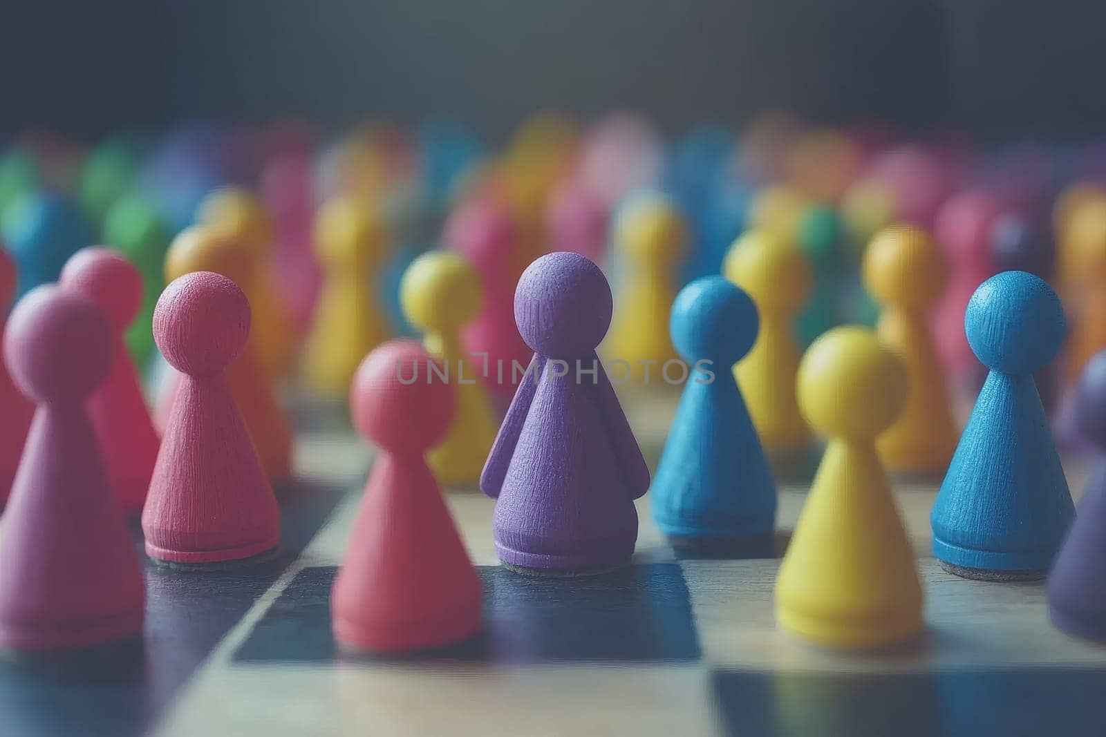 A vibrant arrangement of colorful wooden game pieces on a checkerboard background, evoking feelings of playfulness, strategy, and social engagement.