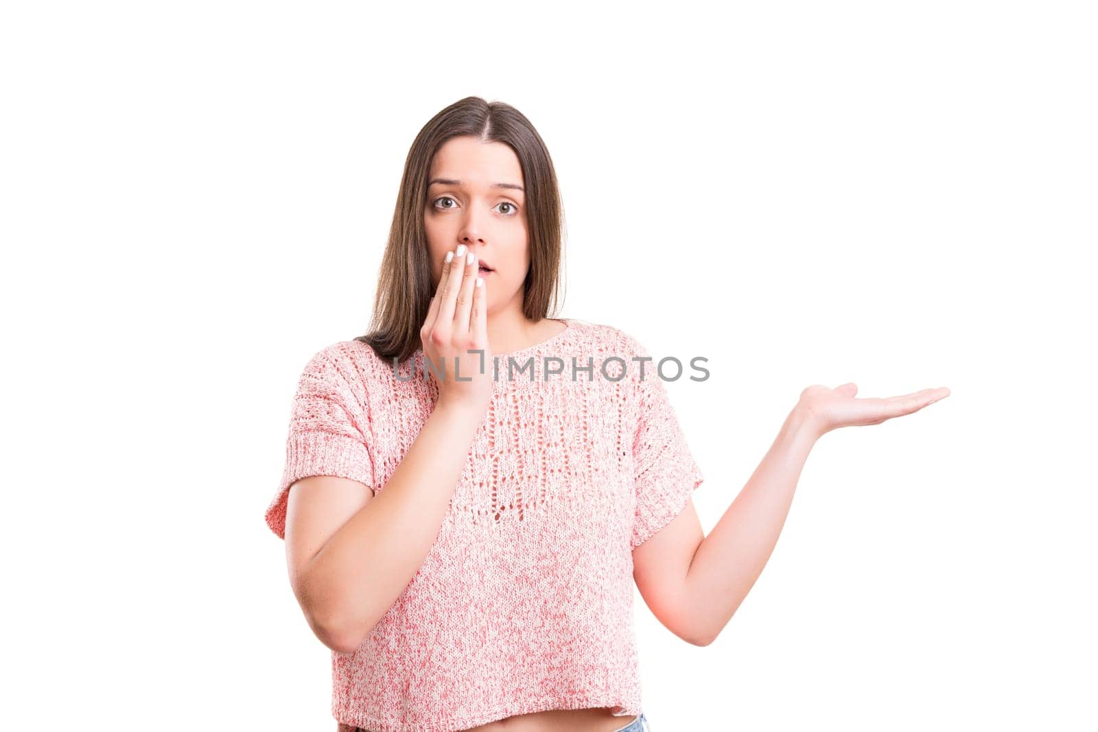 Young beautiful woman presenting your product, isolated over white background