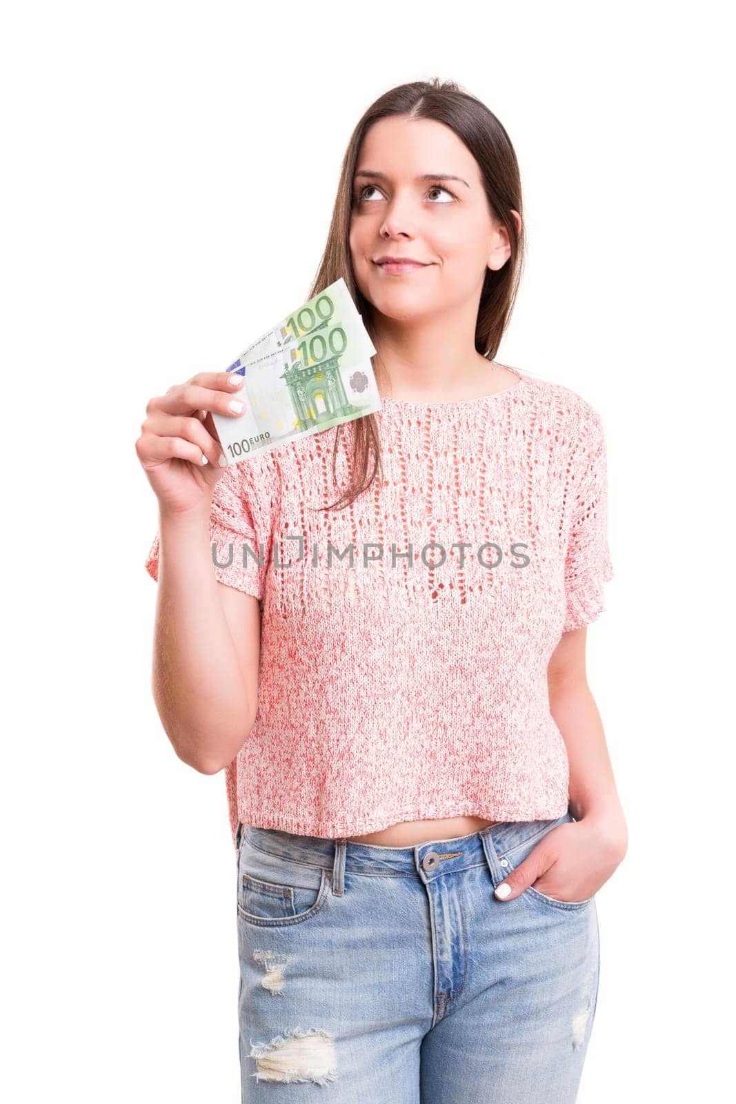 Beautiful young woman showing some banknotes