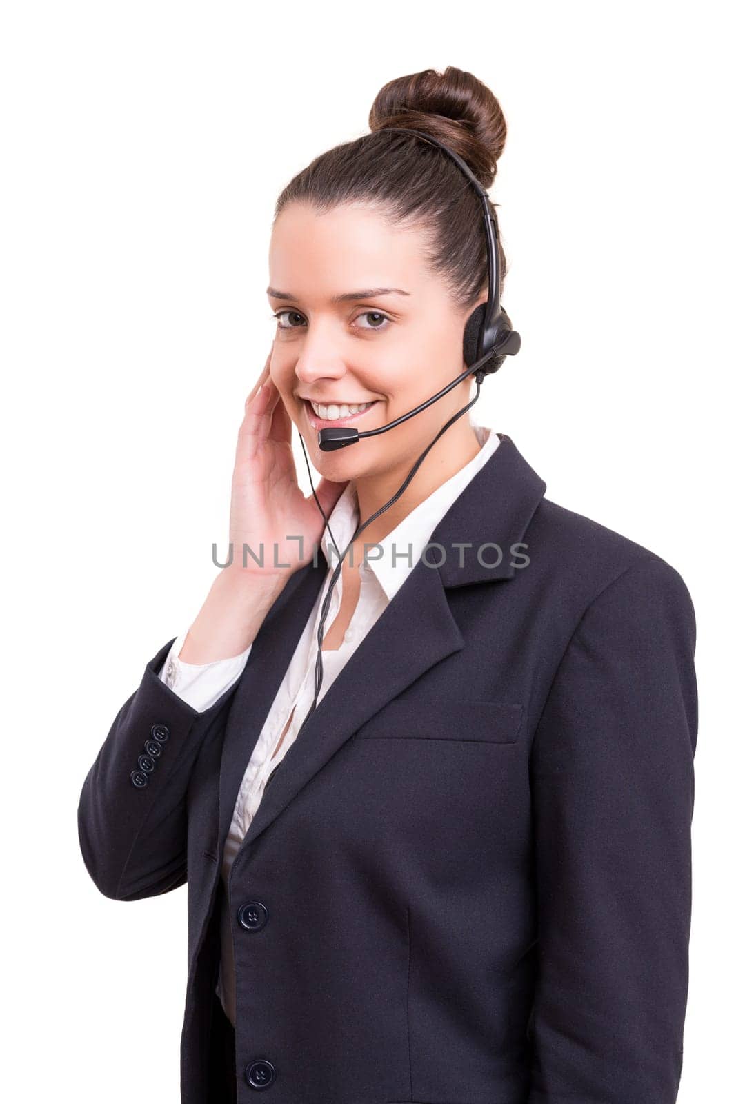 A friendly telephone operator smiling isolated over a white background