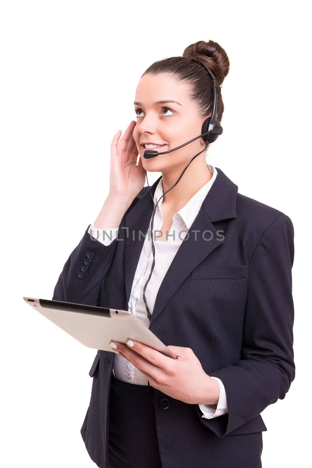 A friendly telephone operator smiling isolated over a white background