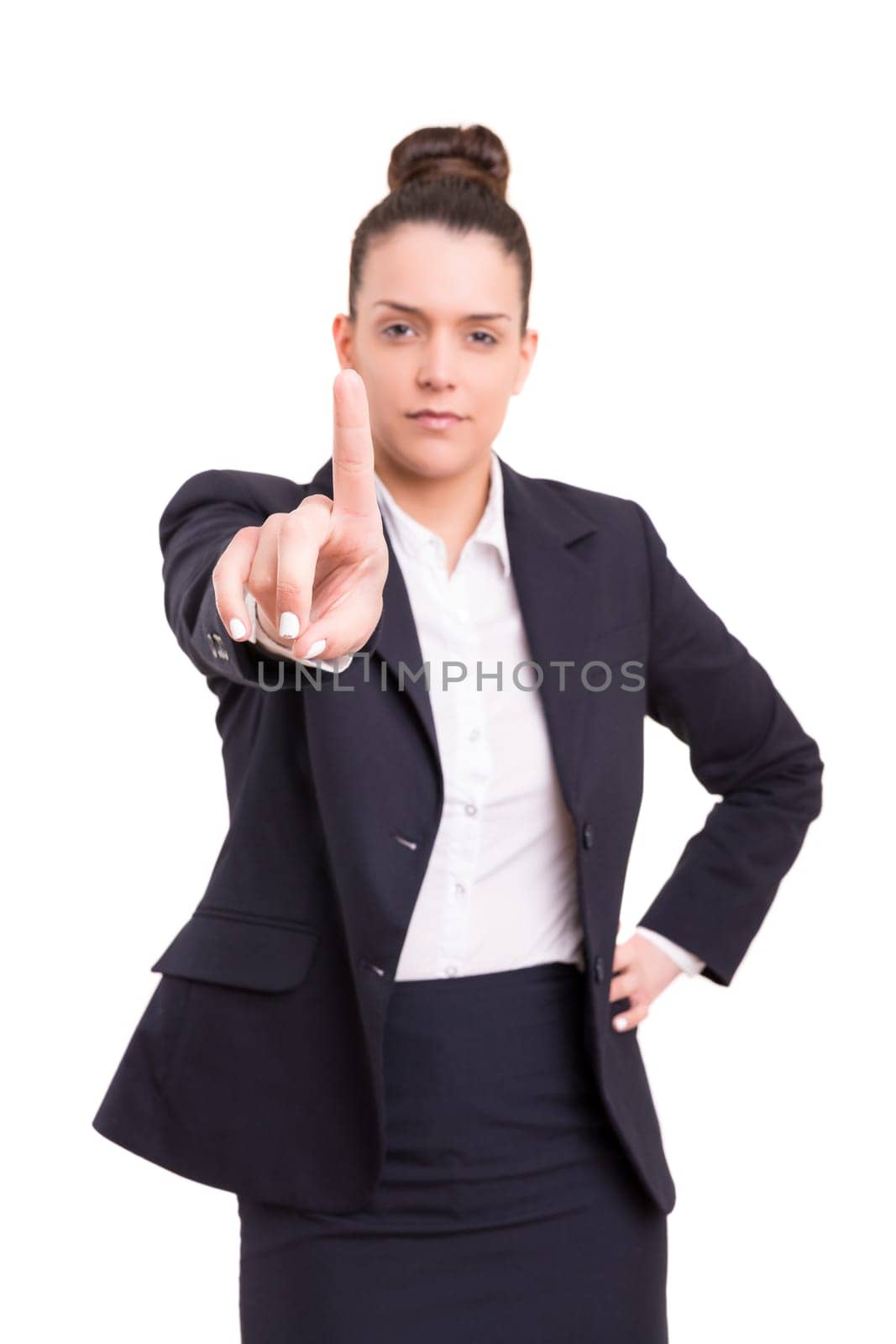 Business woman, pointing at you - isolated over white