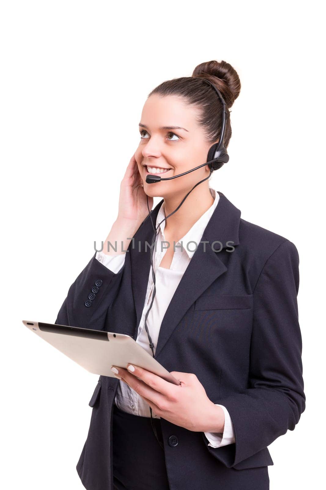 A friendly telephone operator smiling isolated over a white background