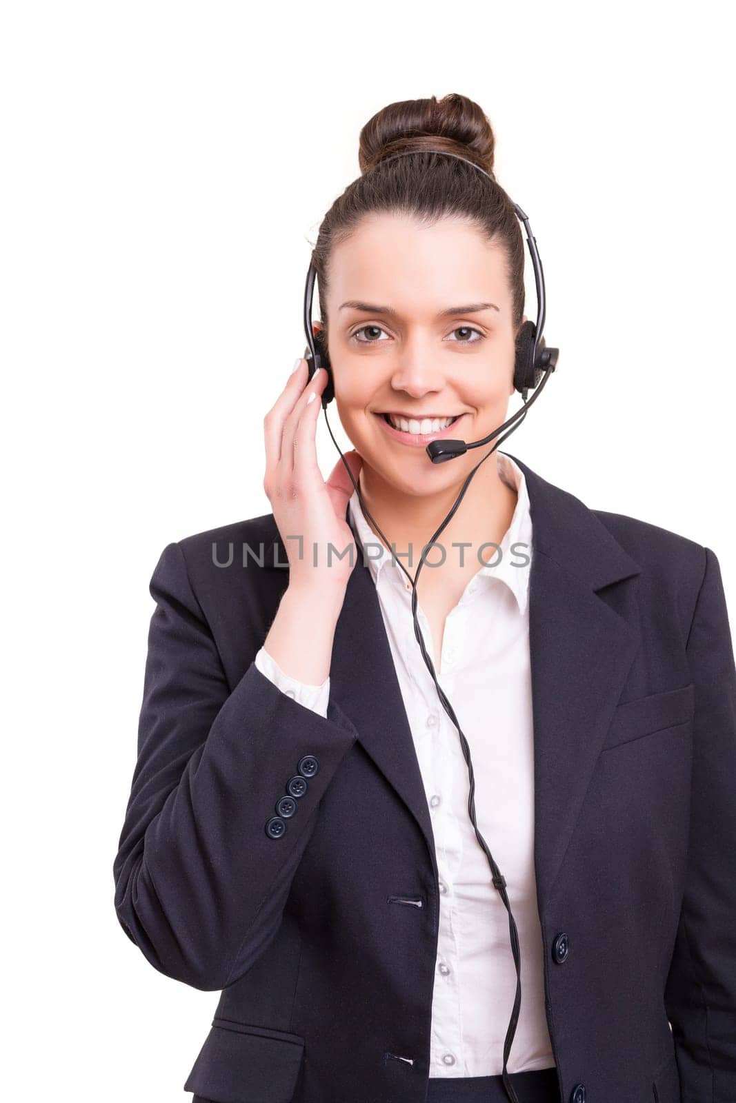A friendly telephone operator smiling isolated over a white background
