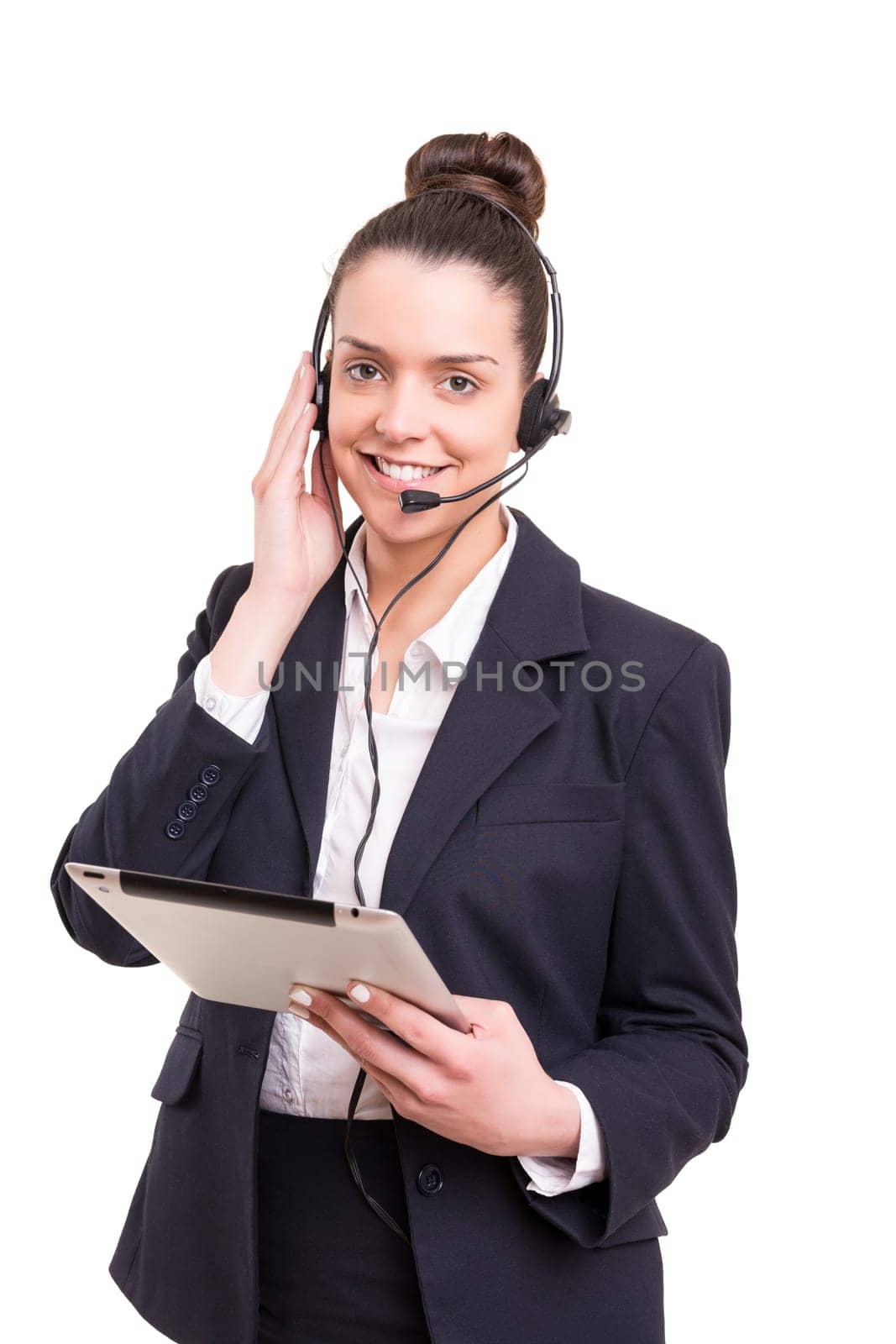 A friendly telephone operator smiling isolated over a white background