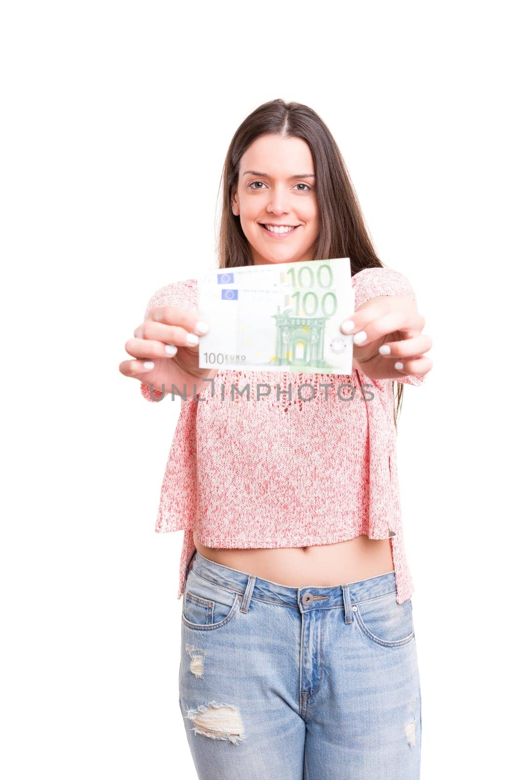 Beautiful young woman showing some banknotes