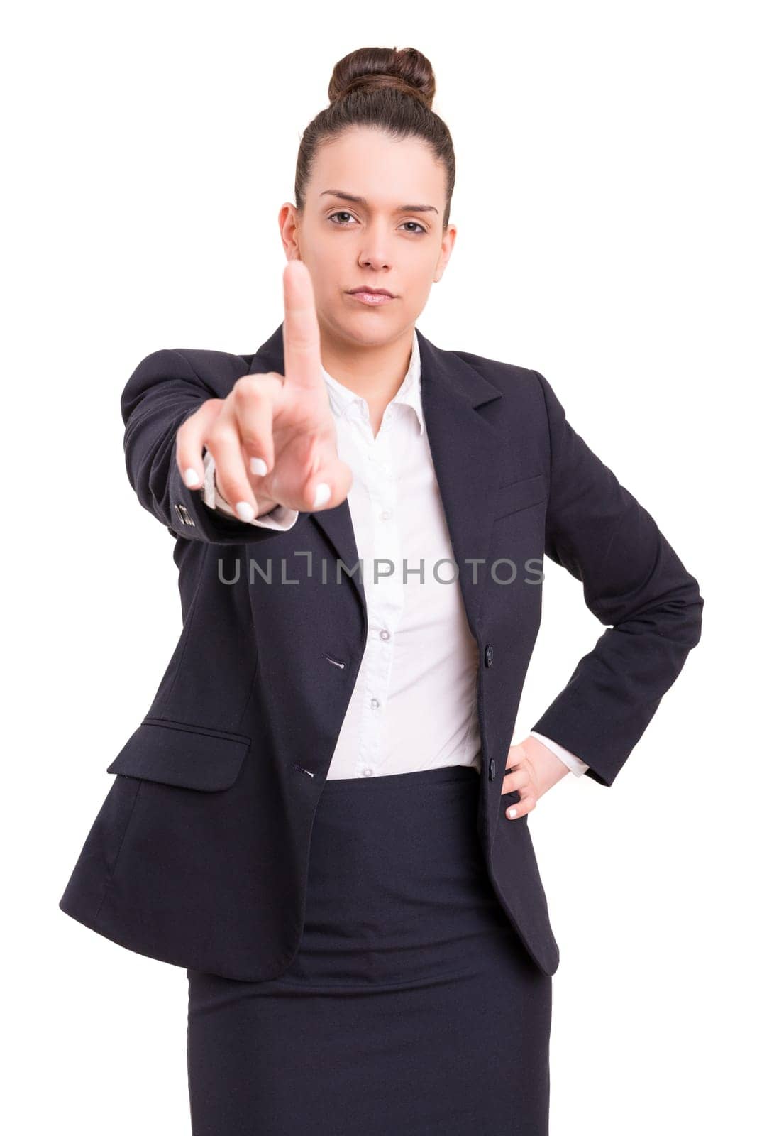 Business woman, pointing at you - isolated over white