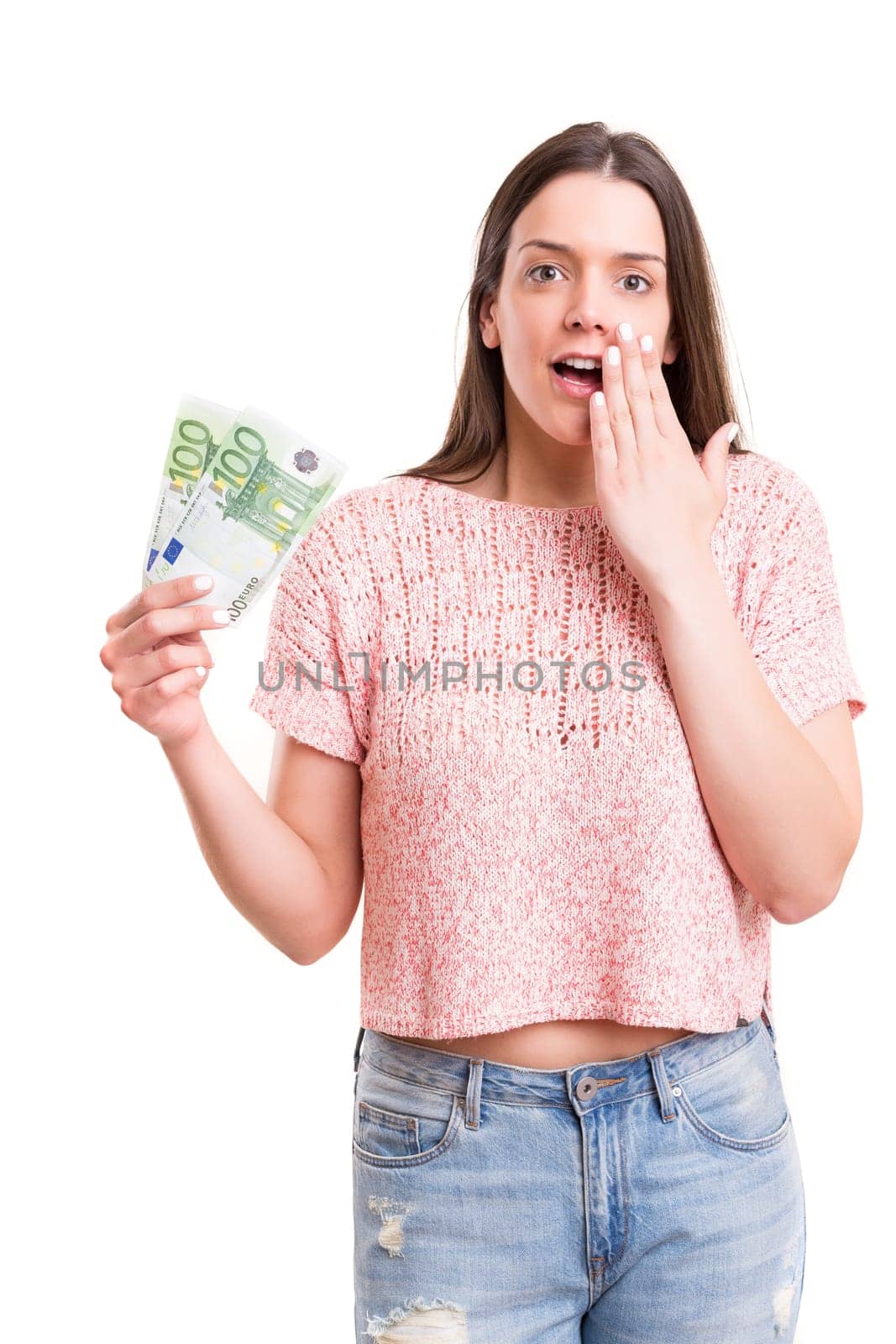 Beautiful young woman showing some banknotes