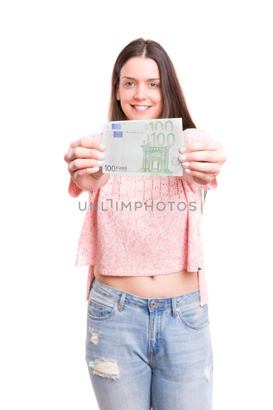 Beautiful young woman showing some banknotes