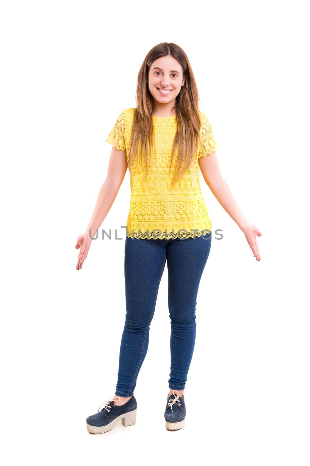 Woman with open hands asking sorry, isolated