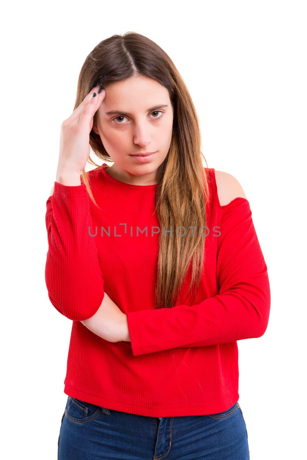 Studio shot of a sad woman, isolated over white