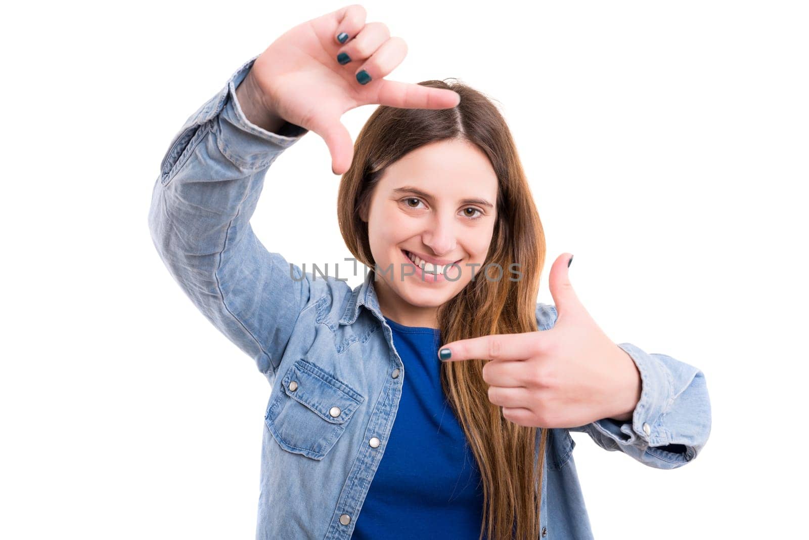 Young woman making framing key gesture - isolated over white