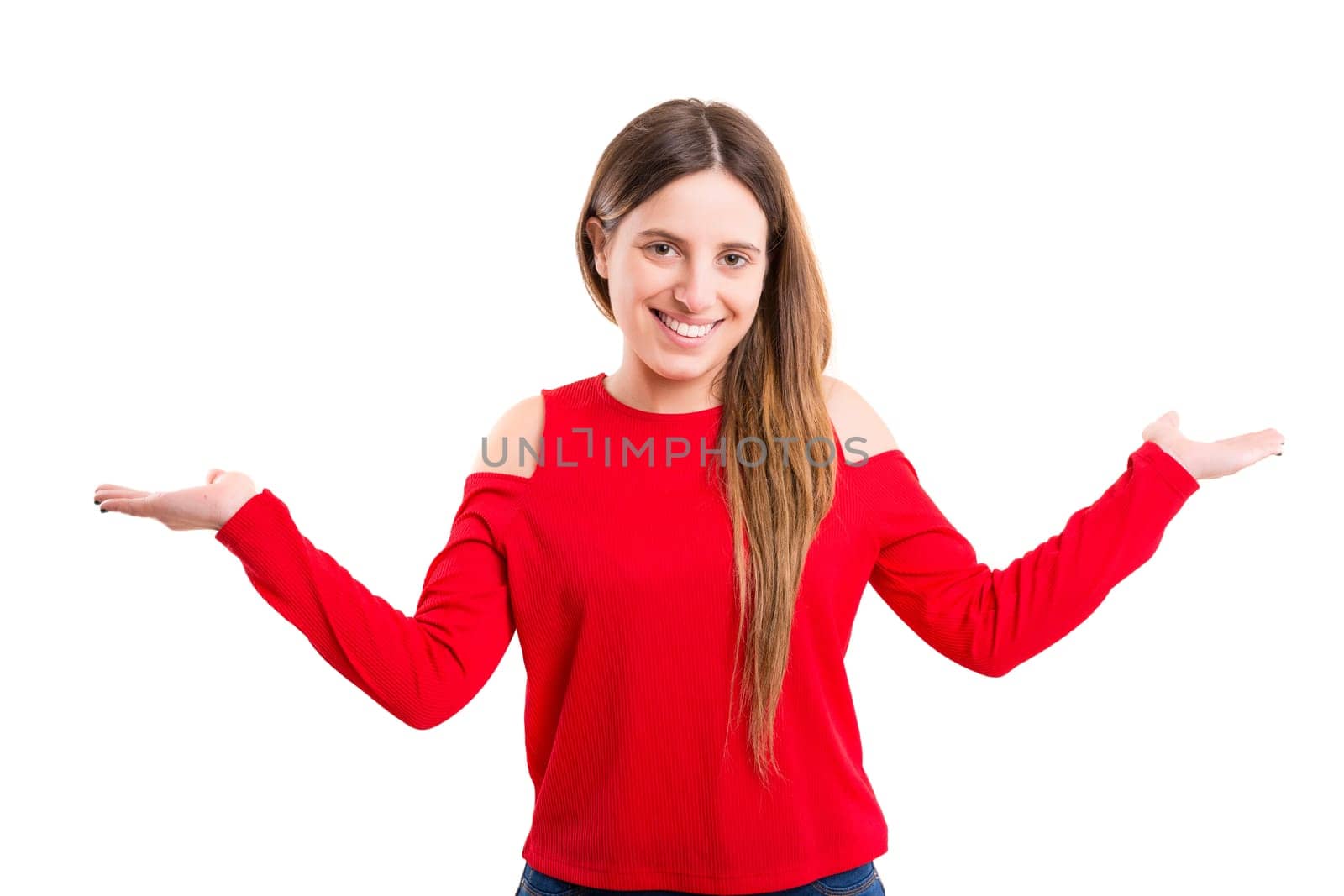 Young beautiful woman presenting your product, isolated over white background