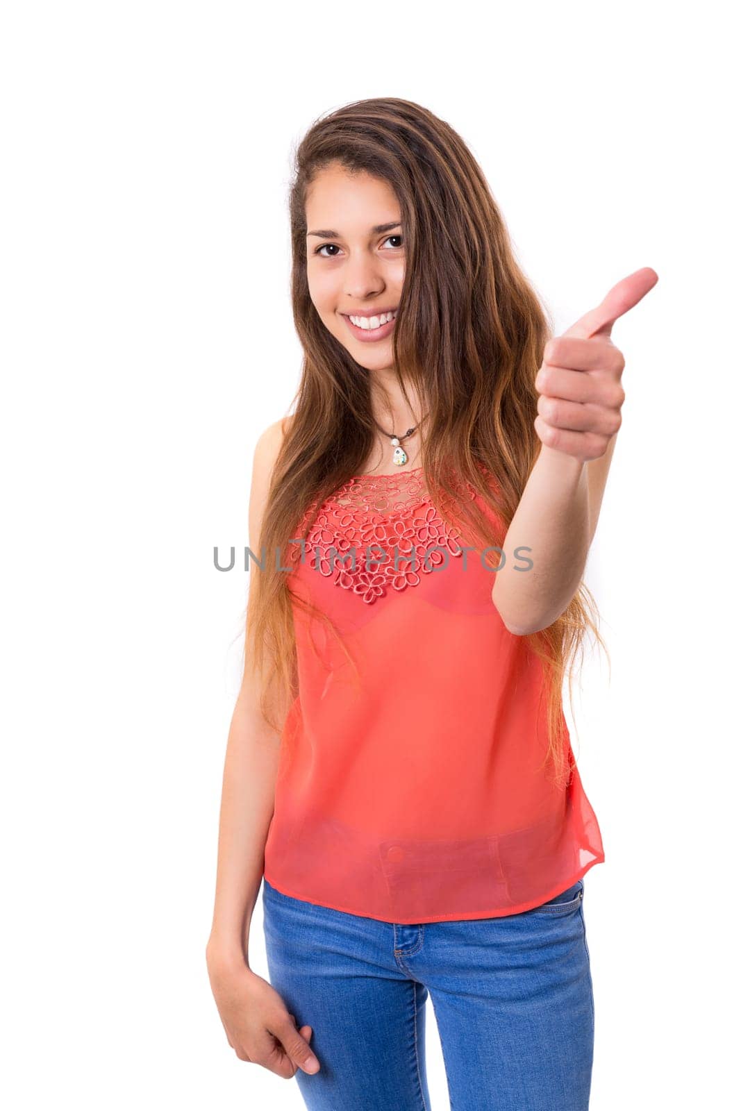 Beautiful young woman signaling ok, isolated over white
