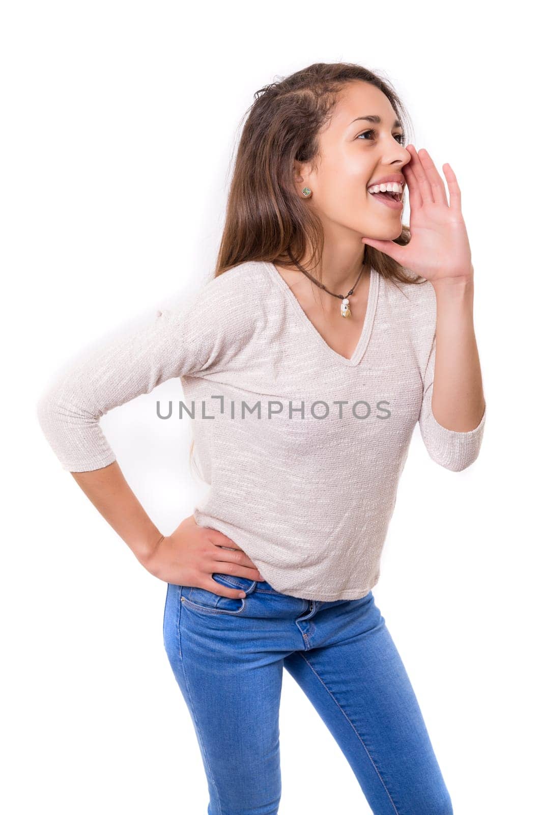 Woman screaming at someone, isolated over a white background