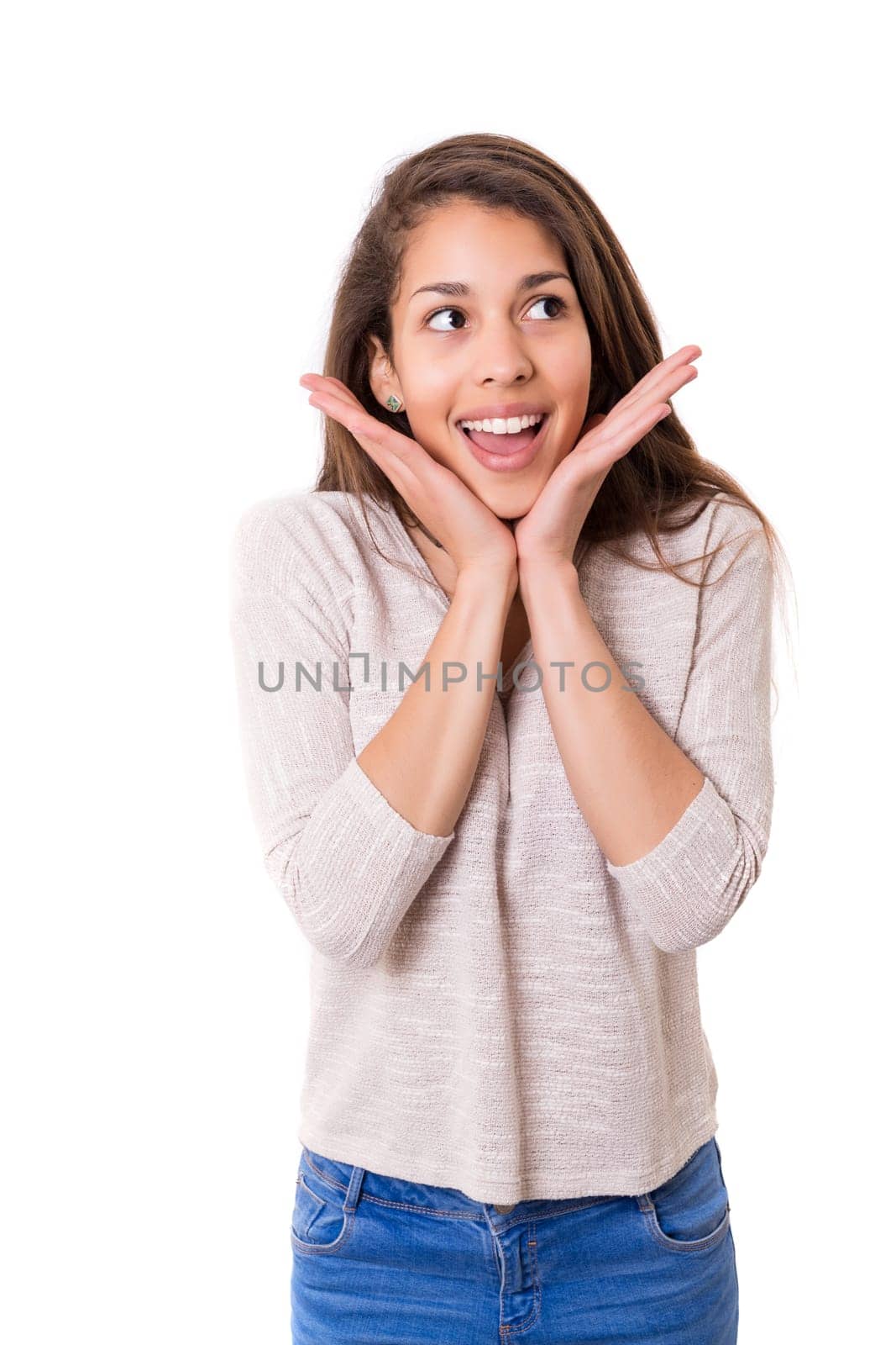 Surprised young woman isolated over white background