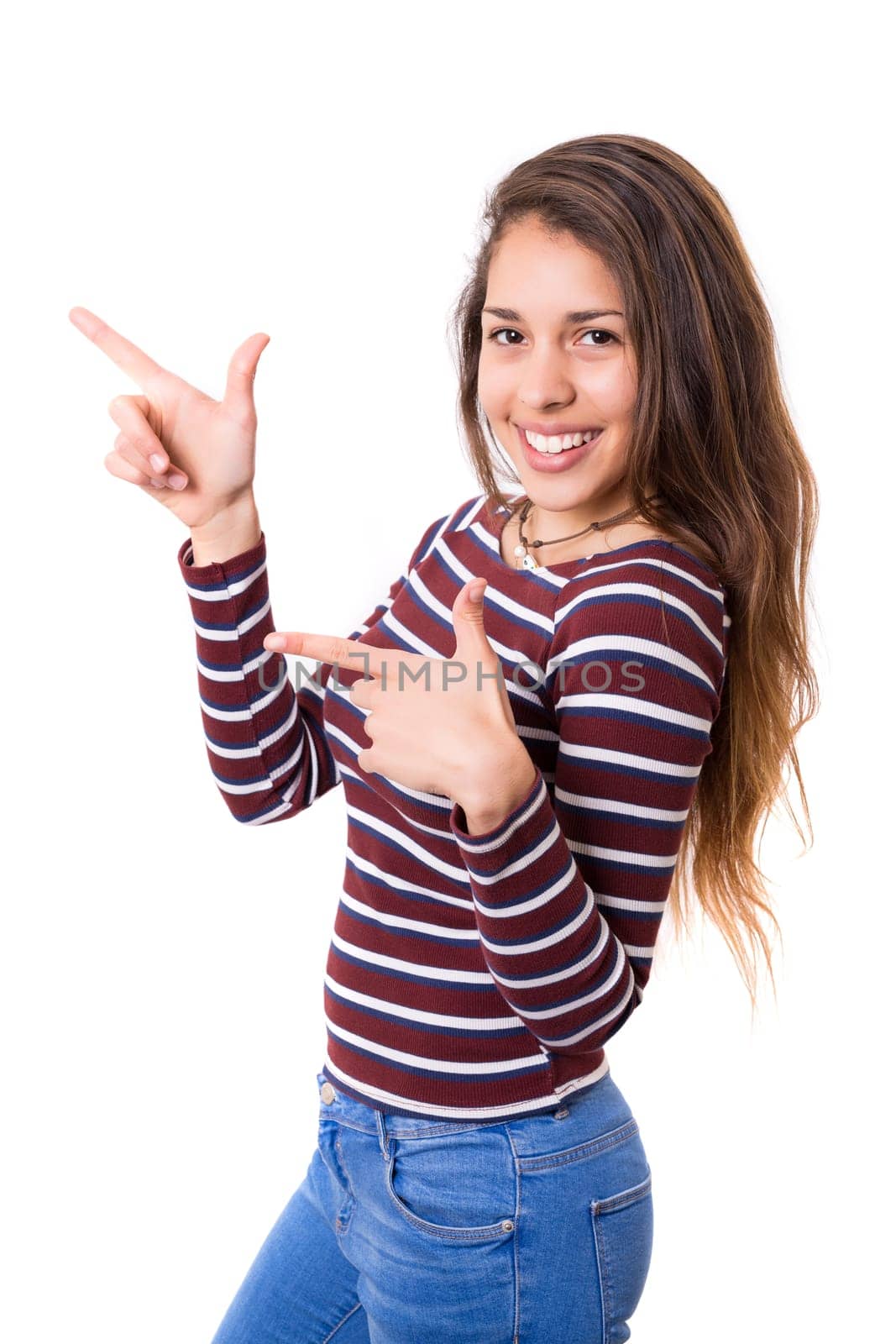 Young beautiful woman presenting your product, isolated over white background