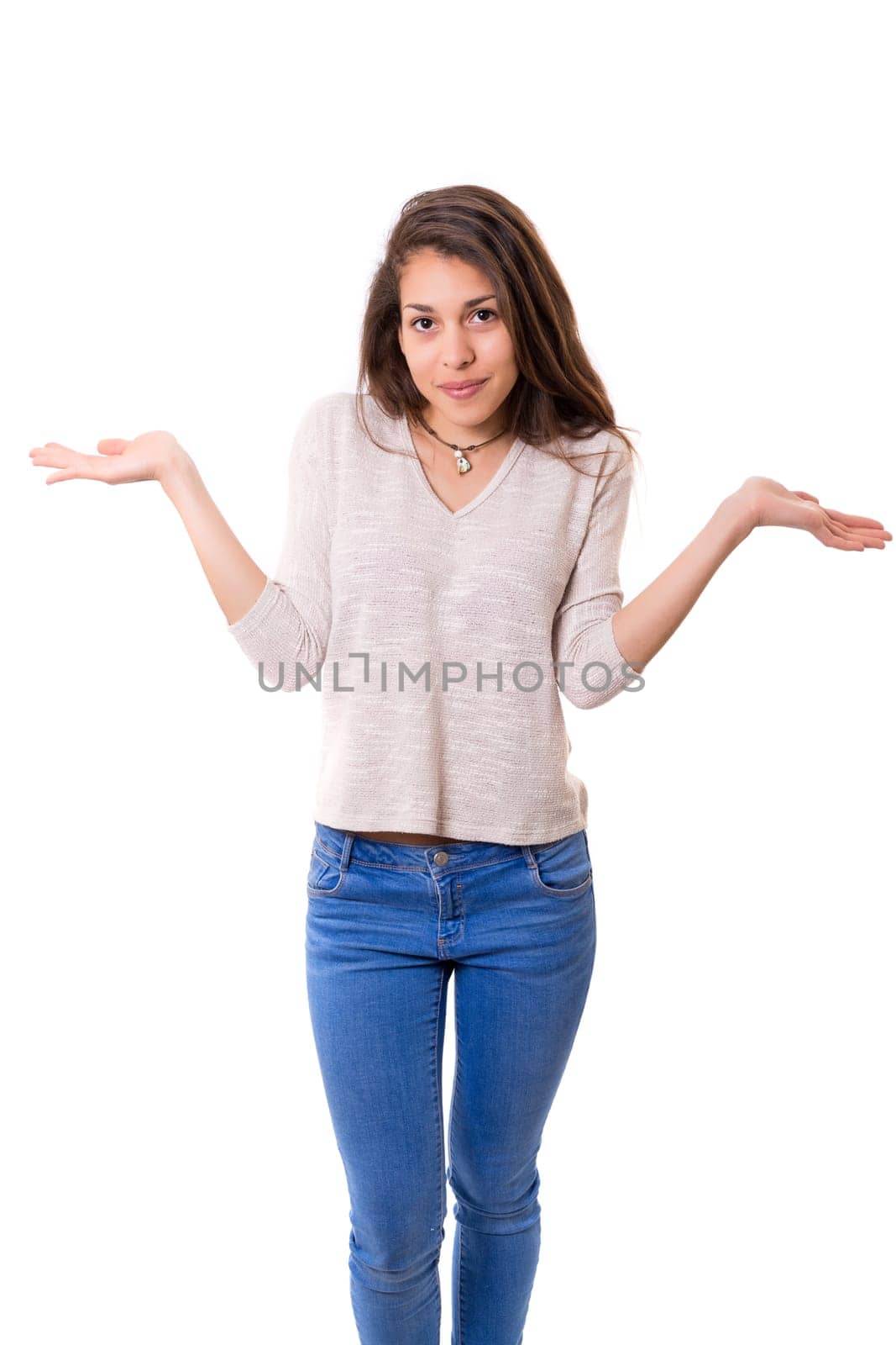 Woman with open hands asking sorry, isolated
