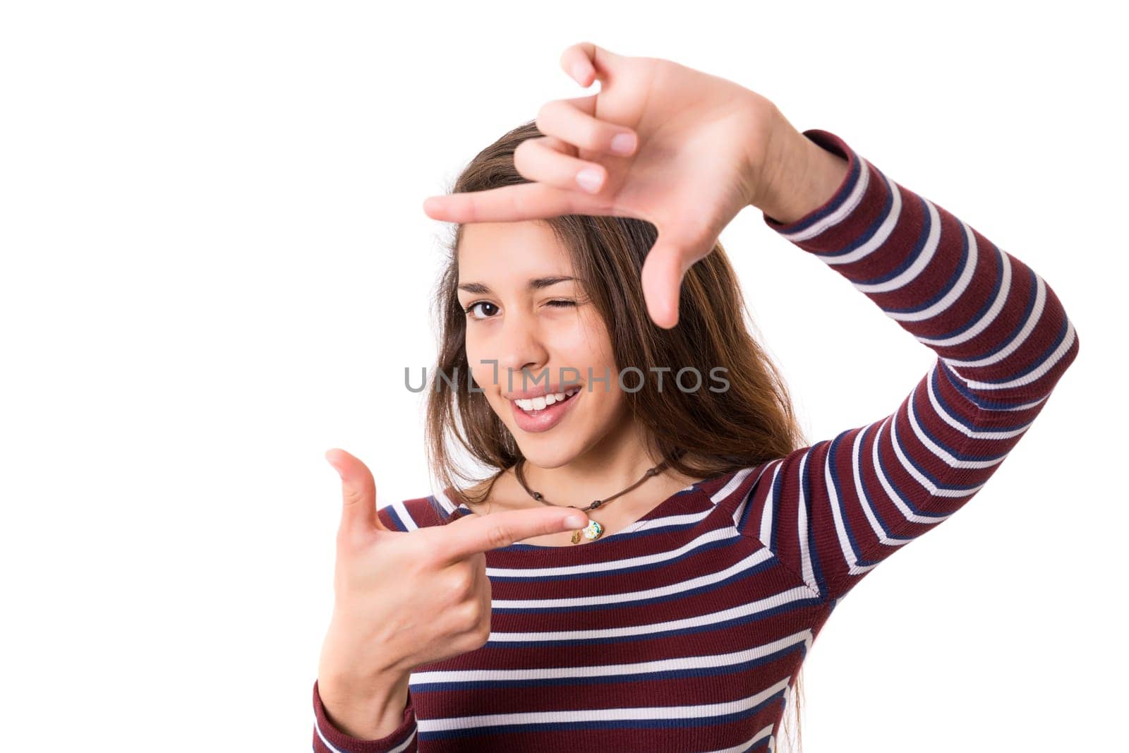 Young woman making framing key gesture - isolated over white